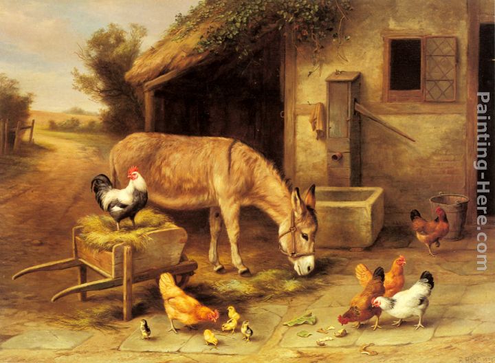 A Donkey and Chickens Outside a Stable painting - Edgar Hunt A Donkey and Chickens Outside a Stable art painting